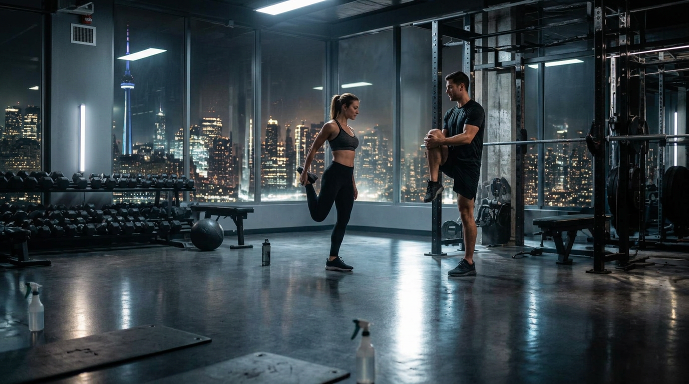 Trainer and client stretching in a dark gym at night with a city skyline behind