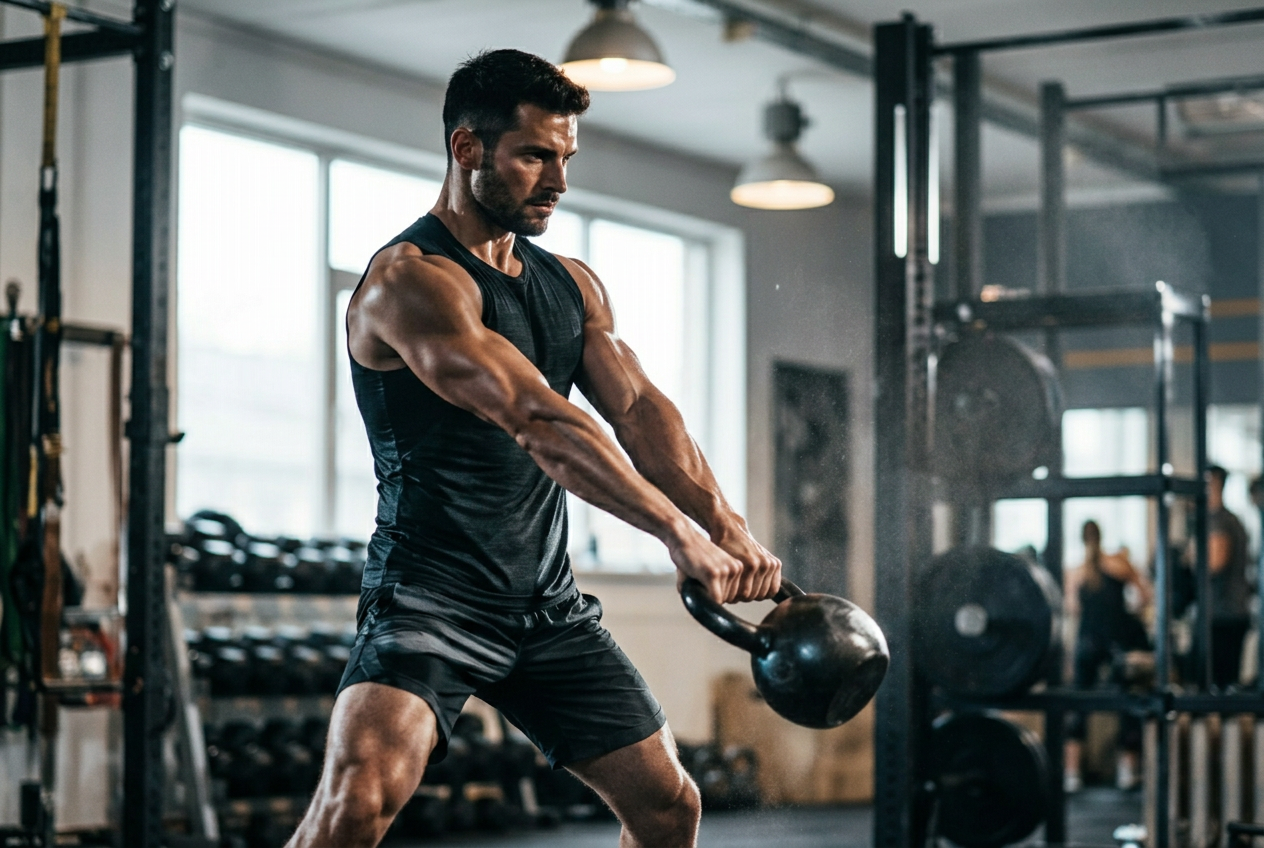 Athlete mid kettlebell swing