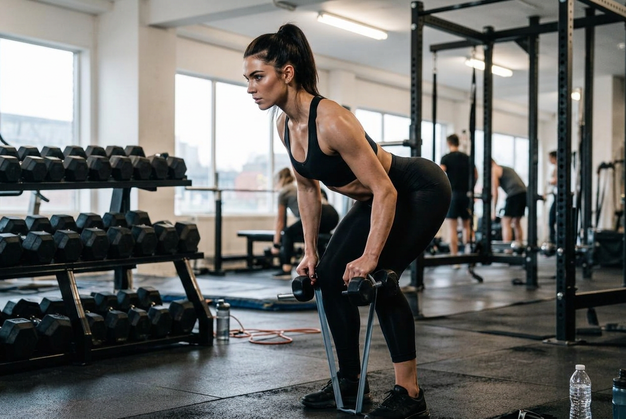 Athlete training with a resistance band and dumbbells