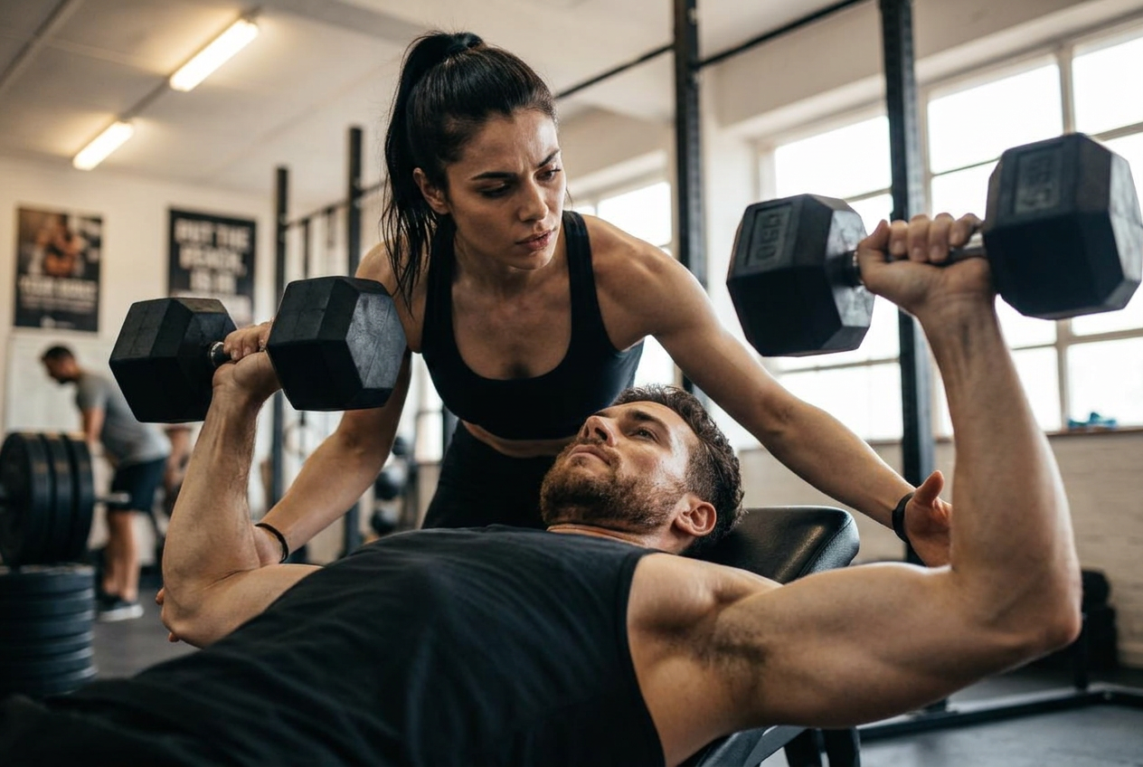 Trainer guiding a client through a dumbbell press